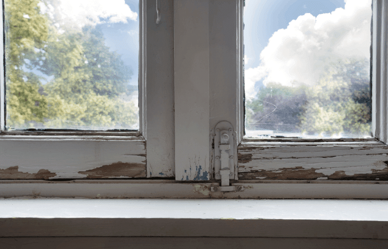 Een wit houten raam dat beschadigd is aan de verf en de onderkant.