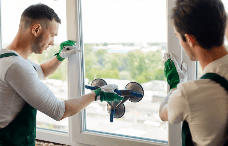 Twee mannen met groene handschoenen plaatsen een wit raam.